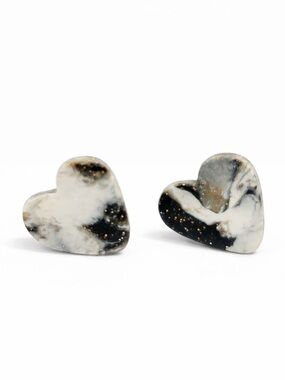 Handmade Black Glitter & White Heart Stud Earrings - Women Jewelry